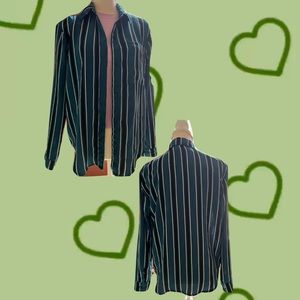 A blue, white and black striped blouse